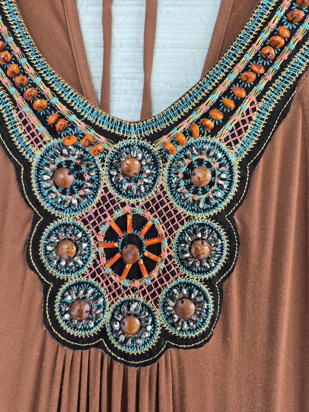 VENUS Rust Brown Maxi Halter Dress with Beaded Yoke Front Large Boho Hippie - Picture 4 of 9